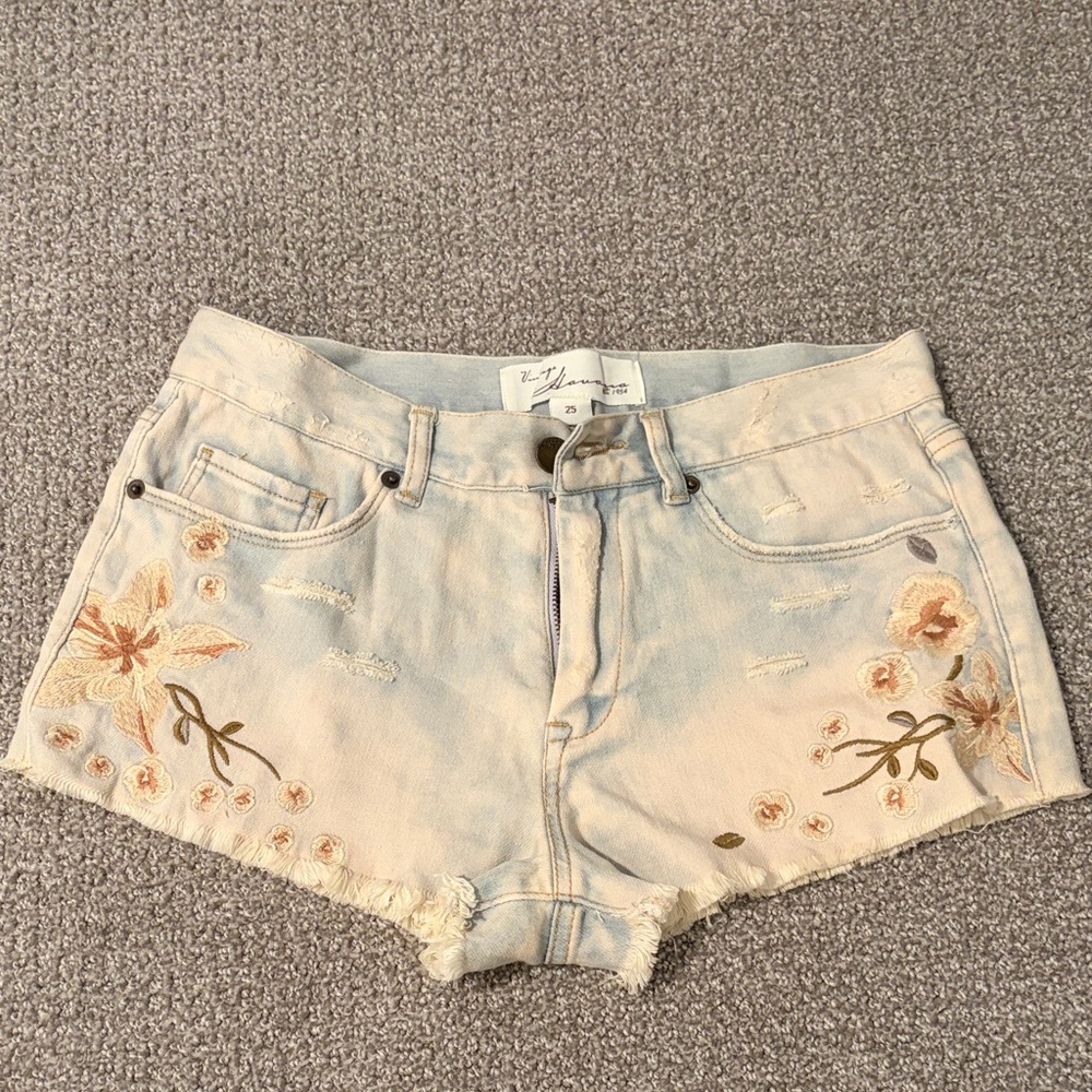 Vintage Havana Light Blue Floral Embroidered Jean Shorts